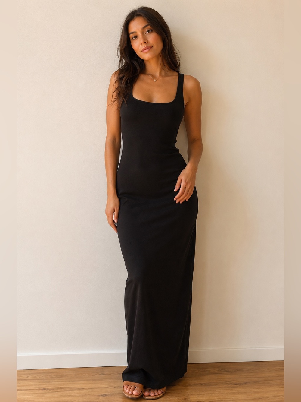 Heart & Hips Black Soft Sleeveless Maxi Tank Dress | Cotton Blend Minimalist 90s